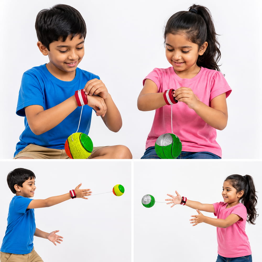 Hello Friends Bouncing Return Ball Twin Pack includes 2 textured 2.5-inch balls with elastic strings and wrist bands. Kids can throw, bounce, and catch the returning balls for an exciting and active play experience.