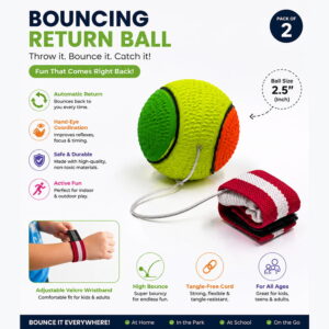 Hello Friends Bouncing Return Ball Twin Pack includes 2 textured 2.5-inch balls with elastic strings and wrist bands. Kids can throw, bounce, and catch the returning balls for an exciting and active play experience.