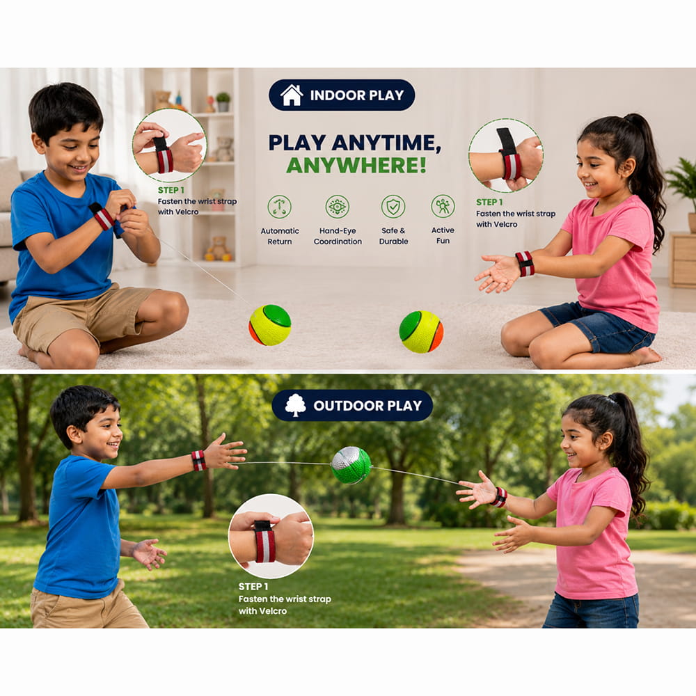 Hello Friends Bouncing Return Ball Twin Pack includes 2 textured 2.5-inch balls with elastic strings and wrist bands. Kids can throw, bounce, and catch the returning balls for an exciting and active play experience.