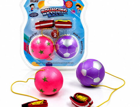 Hello Friends Bouncing Return Ball Twin Pack includes 2 mini 2-inch rubber balls with wrist bands and strong strings for continuous catch, bounce, and throw play. A fun activity toy that encourages coordination, focus, and reflex skills.