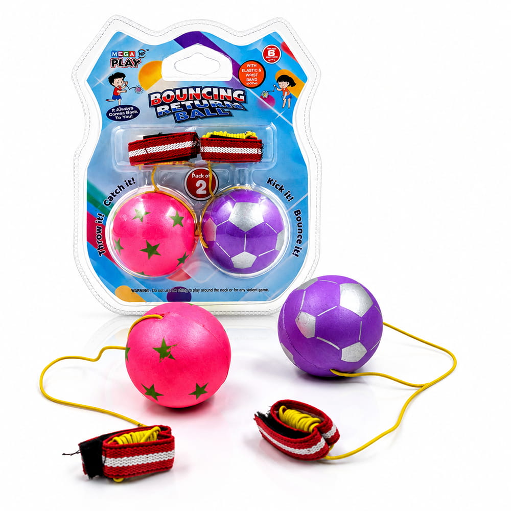 Hello Friends Bouncing Return Ball Twin Pack includes 2 mini 2-inch rubber balls with wrist bands and strong strings for continuous catch, bounce, and throw play. A fun activity toy that encourages coordination, focus, and reflex skills.