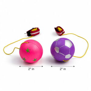 Hello Friends Bouncing Return Ball Twin Pack includes 2 mini 2-inch rubber balls with wrist bands and strong strings for continuous catch, bounce, and throw play. A fun activity toy that encourages coordination, focus, and reflex skills.