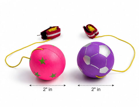 Hello Friends Bouncing Return Ball Twin Pack includes 2 mini 2-inch rubber balls with wrist bands and strong strings for continuous catch, bounce, and throw play. A fun activity toy that encourages coordination, focus, and reflex skills.