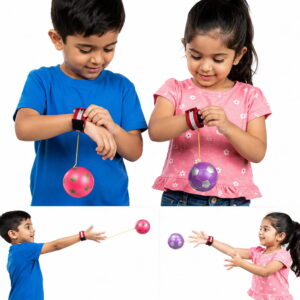 Hello Friends Bouncing Return Ball Twin Pack includes 2 mini 2-inch rubber balls with wrist bands and strong strings for continuous catch, bounce, and throw play. A fun activity toy that encourages coordination, focus, and reflex skills.