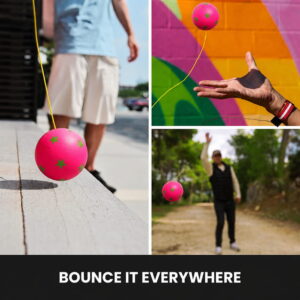 Hello Friends Bouncing Return Ball Twin Pack includes 2 mini 2-inch rubber balls with wrist bands and strong strings for continuous catch, bounce, and throw play. A fun activity toy that encourages coordination, focus, and reflex skills.