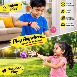 Hello Friends Bouncing Return Ball Twin Pack includes 2 mini 2-inch rubber balls with wrist bands and strong strings for continuous catch, bounce, and throw play. A fun activity toy that encourages coordination, focus, and reflex skills.