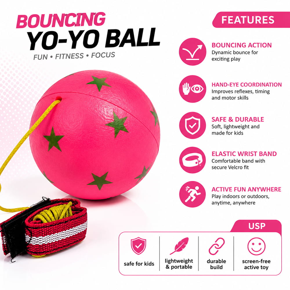 Hello Friends Bouncing Return Ball Twin Pack includes 2 mini 2-inch rubber balls with wrist bands and strong strings for continuous catch, bounce, and throw play. A fun activity toy that encourages coordination, focus, and reflex skills.