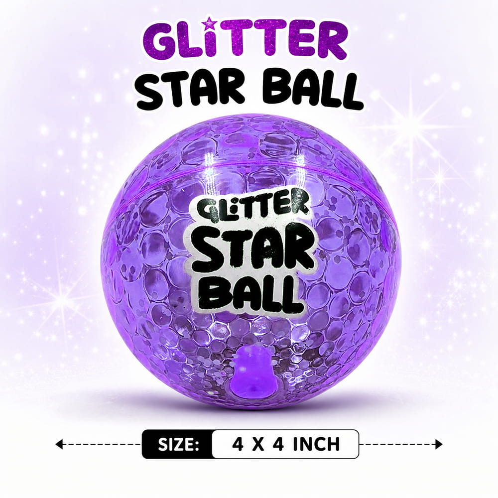 Hello Friends Glitter Star Ball 4 Inch is a soft and lightweight high-bounce play ball with an attractive glitter star design. Its compact size makes it easy for kids to hold, throw, catch, and bounce during indoor and outdoor play. Hello Friends Glitter Star Ball 4 Inch is a soft and lightweight high-bounce play ball with an attractive glitter star design. Its compact size makes it easy for kids to hold, throw, catch, and bounce during indoor and outdoor play.