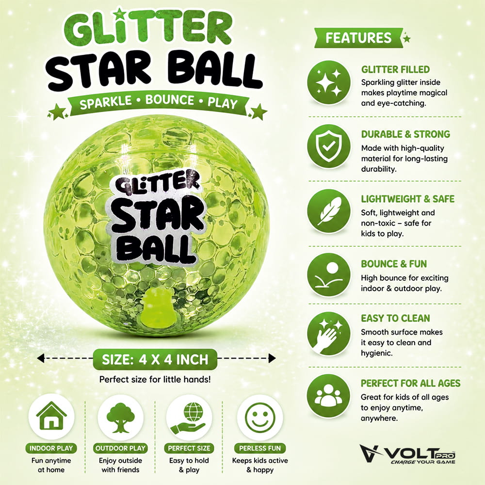 Hello Friends Glitter Star Ball 4 Inch is a soft and lightweight high-bounce play ball with an attractive glitter star design. Its compact size makes it easy for kids to hold, throw, catch, and bounce during indoor and outdoor play. Hello Friends Glitter Star Ball 4 Inch is a soft and lightweight high-bounce play ball with an attractive glitter star design. Its compact size makes it easy for kids to hold, throw, catch, and bounce during indoor and outdoor play.
