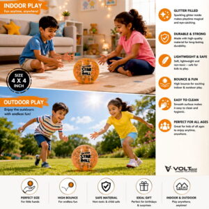 Hello Friends Glitter Star Ball 4 Inch is a soft and lightweight high-bounce play ball with an attractive glitter star design. Its compact size makes it easy for kids to hold, throw, catch, and bounce during indoor and outdoor play.