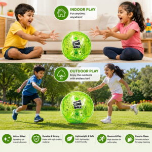 Hello Friends Glitter Star Ball 6 Inch features an attractive glitter finish with a Football Pattern. Its lightweight and high-bounce design makes it easy to handle and suitable for fun indoor and outdoor play.