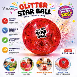 Hello Friends Glitter Star Ball 6 Inch features an attractive glitter finish with a Football Pattern. Its lightweight and high-bounce design makes it easy to handle and suitable for fun indoor and outdoor play.