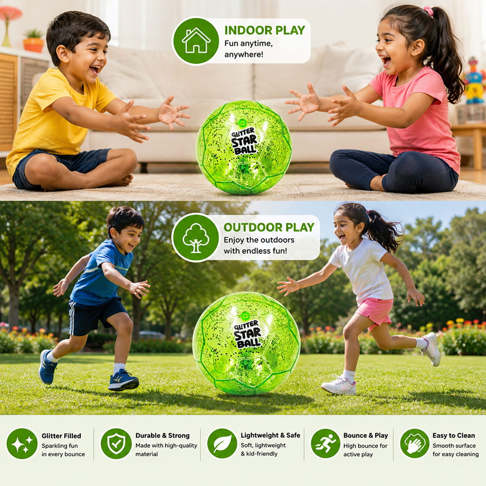 Hello Friends Glitter Star Ball 6 Inch features an attractive glitter finish with a Football Pattern. Its lightweight and high-bounce design makes it easy to handle and suitable for fun indoor and outdoor play.