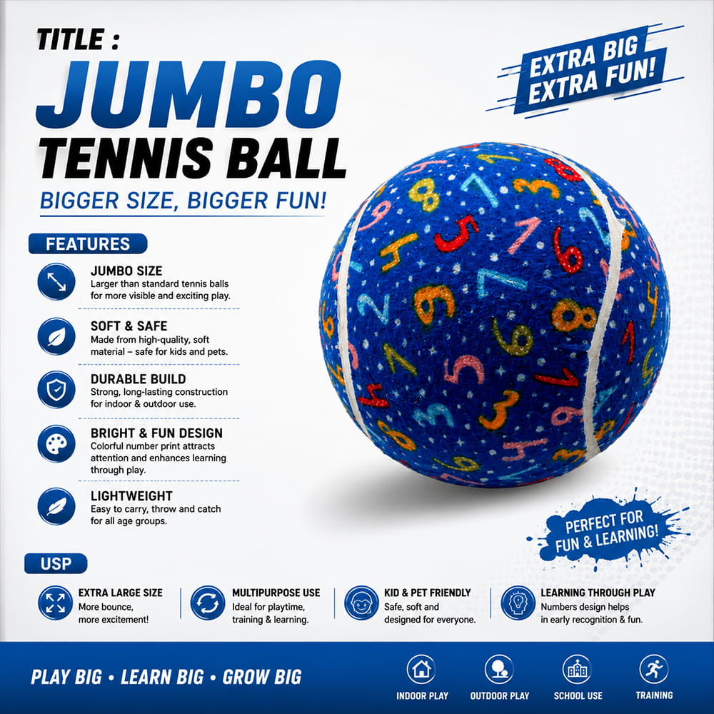 Hello Friends Jumbo Tennis Ball 4 Inch is a soft and bouncy toy ball designed for kids. Its large size makes it easy to hold, throw, catch, and bounce, making it ideal for fun indoor and outdoor play.
