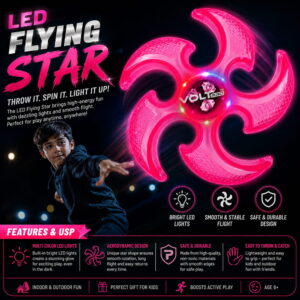 Hello Friends LED Flying Star Disc is a fun and exciting glow flying toy designed for kids and adults who enjoy active indoor and outdoor games. The flying disc features bright LED lighting effects that create an attractive glow during playtime, making it perfect for both daytime and nighttime fun activities.
