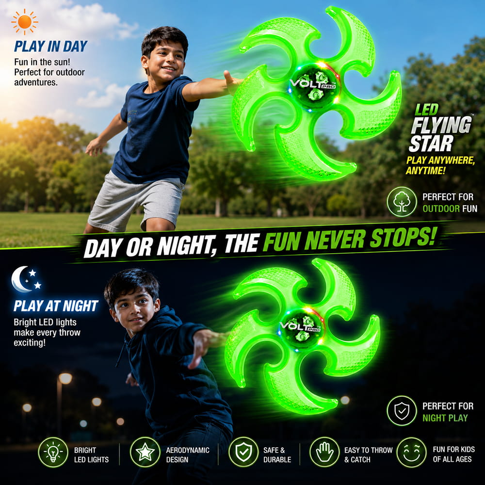 Hello Friends LED Flying Star Disc is a fun and exciting glow flying toy designed for kids and adults who enjoy active indoor and outdoor games. The flying disc features bright LED lighting effects that create an attractive glow during playtime, making it perfect for both daytime and nighttime fun activities.