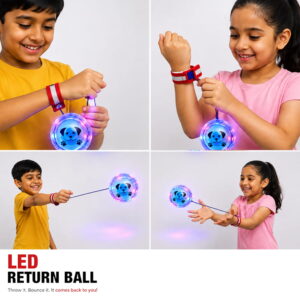 The Hello Friends Light Yo Yo Ball is a 2.5-inch bouncing return toy with a fun light effect, wrist band, and attached string. Kids can enjoy repeated throwing, bouncing, spinning, and catching while staying active.