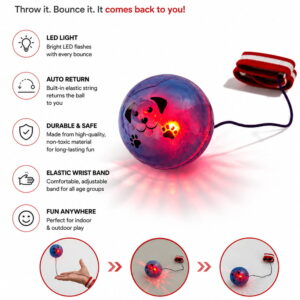 The Hello Friends Light Yo Yo Ball is a 2.5-inch bouncing return toy with a fun light effect, wrist band, and attached string. Kids can enjoy repeated throwing, bouncing, spinning, and catching while staying active.