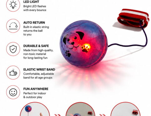 The Hello Friends Light Yo Yo Ball is a 2.5-inch bouncing return toy with a fun light effect, wrist band, and attached string. Kids can enjoy repeated throwing, bouncing, spinning, and catching while staying active.