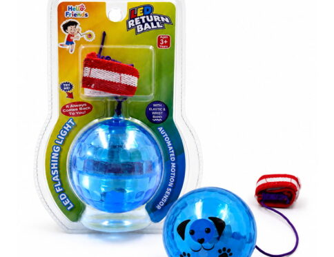 The Hello Friends Light Yo Yo Ball is a 2.5-inch bouncing return toy with a fun light effect, wrist band, and attached string. Kids can enjoy repeated throwing, bouncing, spinning, and catching while staying active.