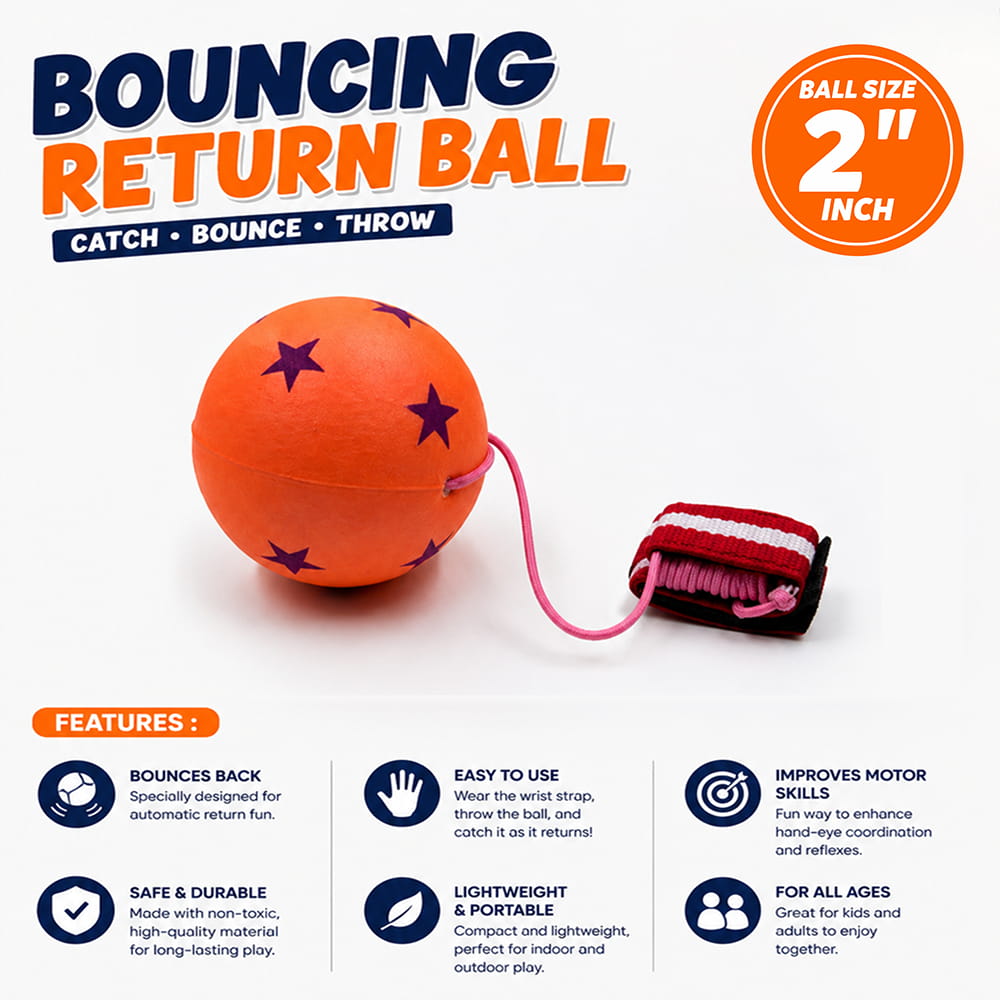 Hello Friends Printed Bouncing Return Ball is a fun 2-inch mini toy with a wrist band and string that lets kids catch, bounce, and throw the ball repeatedly. Its printed tennis-style design makes playtime more engaging while encouraging coordination and reflex skills.