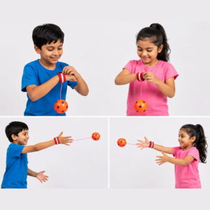 Hello Friends Printed Bouncing Return Ball is a fun 2-inch mini toy with a wrist band and string that lets kids catch, bounce, and throw the ball repeatedly. Its printed tennis-style design makes playtime more engaging while encouraging coordination and reflex skills.