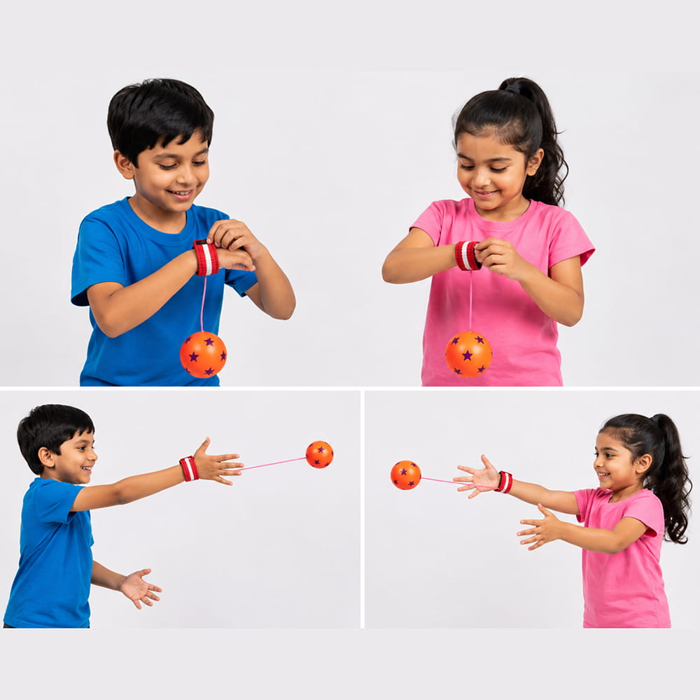 Hello Friends Printed Bouncing Return Ball is a fun 2-inch mini toy with a wrist band and string that lets kids catch, bounce, and throw the ball repeatedly. Its printed tennis-style design makes playtime more engaging while encouraging coordination and reflex skills.