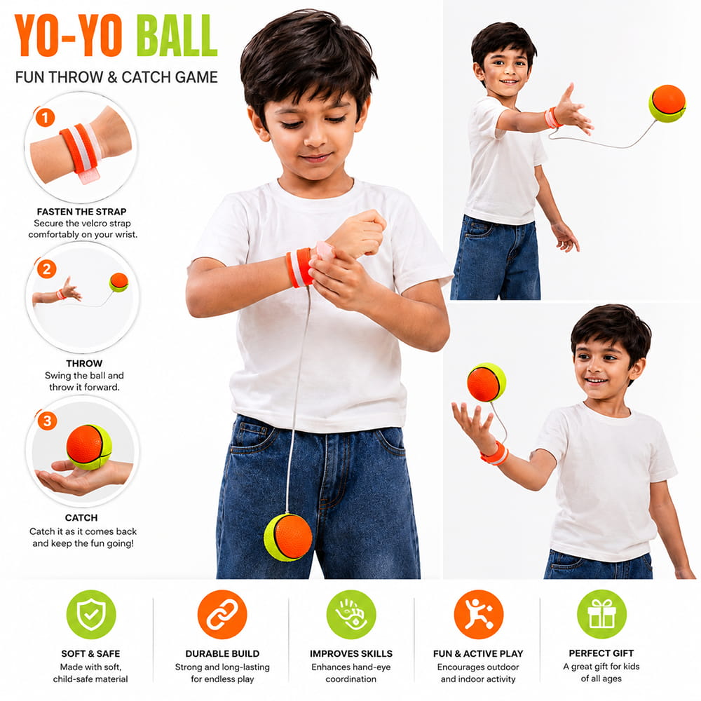 Hello Friends Printed Bouncing Return Ball is an interactive toy with a printed tennis-style design, elastic string, and wrist band. Kids can enjoy repeated catch, bounce, and throw play while staying active.