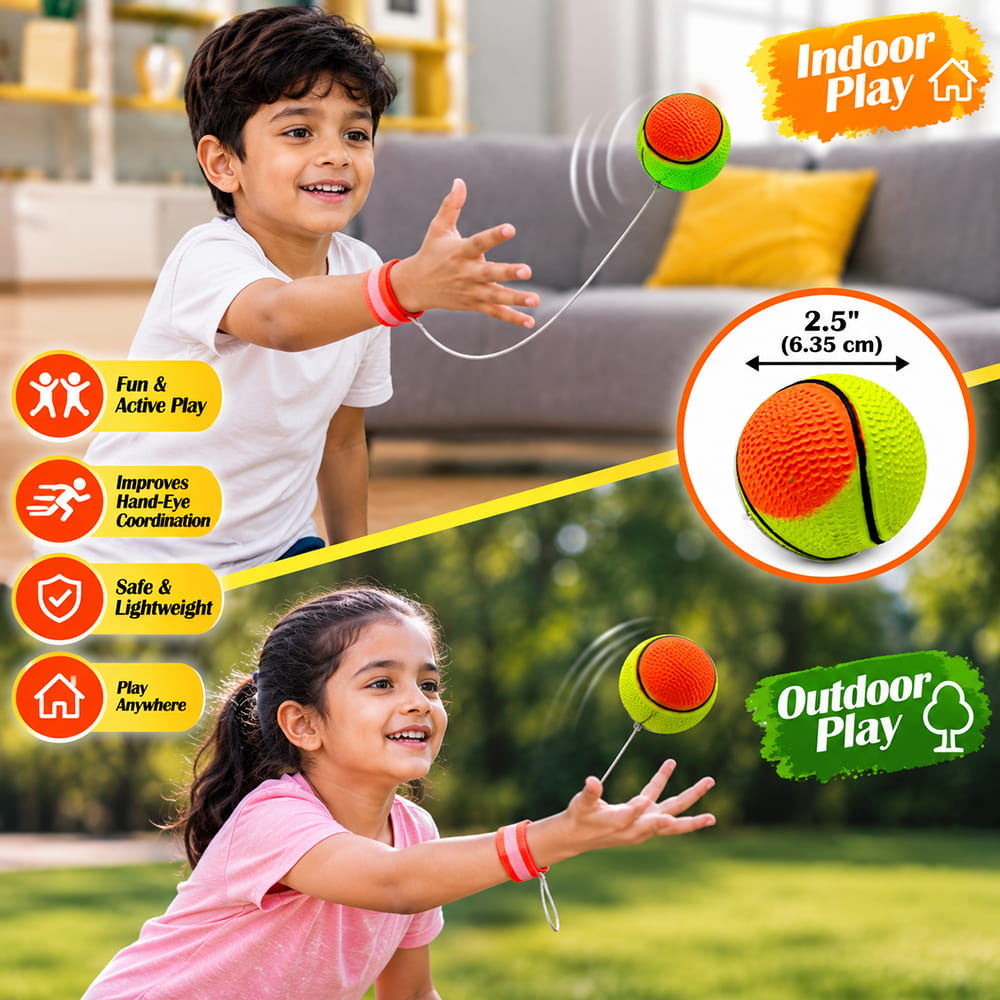 Hello Friends Printed Bouncing Return Ball is an interactive toy with a printed tennis-style design, elastic string, and wrist band. Kids can enjoy repeated catch, bounce, and throw play while staying active.