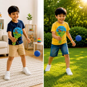 Hello Friends Wooden Paddle Ball is a fun kids' activity toy with a durable wooden paddle and elastic string-attached rubber ball, designed for active indoor and outdoor play while encouraging hand-eye coordination and focus.