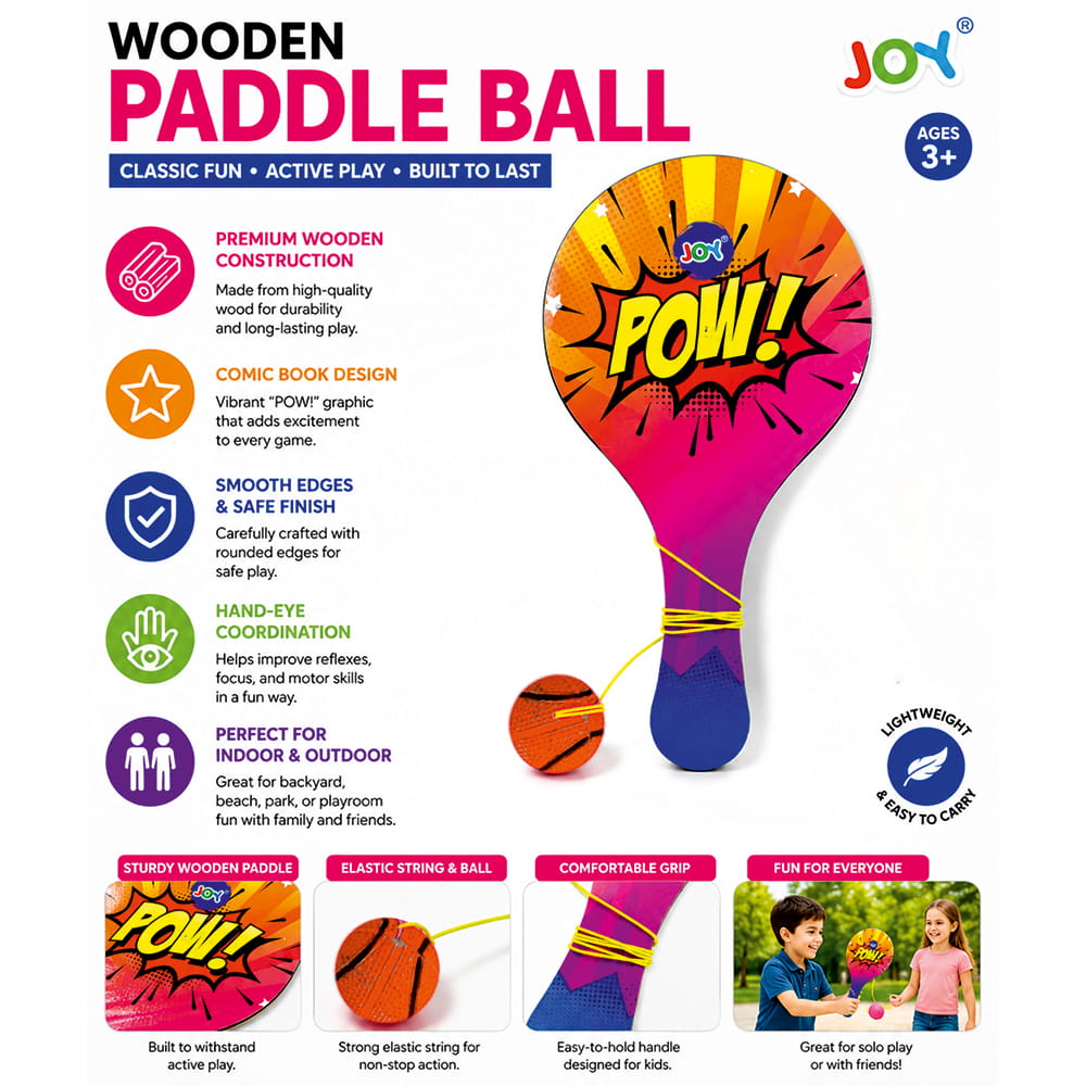 Hello Friends Wooden Paddle Ball is a classic skill-based game featuring a durable wooden paddle and a rubber ball attached with an elastic string. Designed for senior-size play, it offers an enjoyable way for kids to practice catching, hitting, and coordination.
