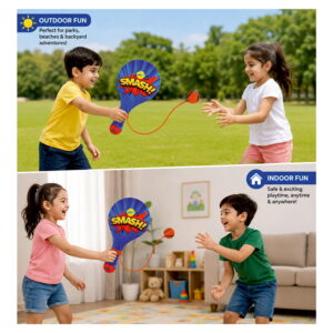 Hello Friends Wooden Paddle Ball is a classic skill-based game featuring a durable wooden paddle and a rubber ball attached with an elastic string. Designed for senior-size play, it offers an enjoyable way for kids to practice catching, hitting, and coordination.