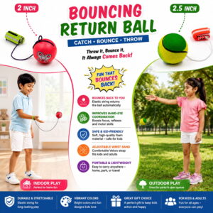 The Hello Friends Yo Yo Ball Combo Set includes 2 mini bouncing return balls in 2-inch and 2.5-inch sizes. With wrist bands and attached strings, kids can enjoy throwing, bouncing, catching, and spinning activities with two different ball sizes.