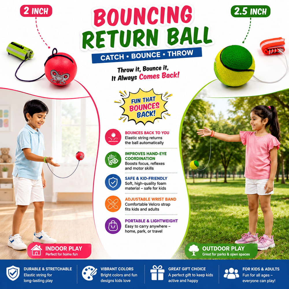 The Hello Friends Yo Yo Ball Combo Set includes 2 mini bouncing return balls in 2-inch and 2.5-inch sizes. With wrist bands and attached strings, kids can enjoy throwing, bouncing, catching, and spinning activities with two different ball sizes.