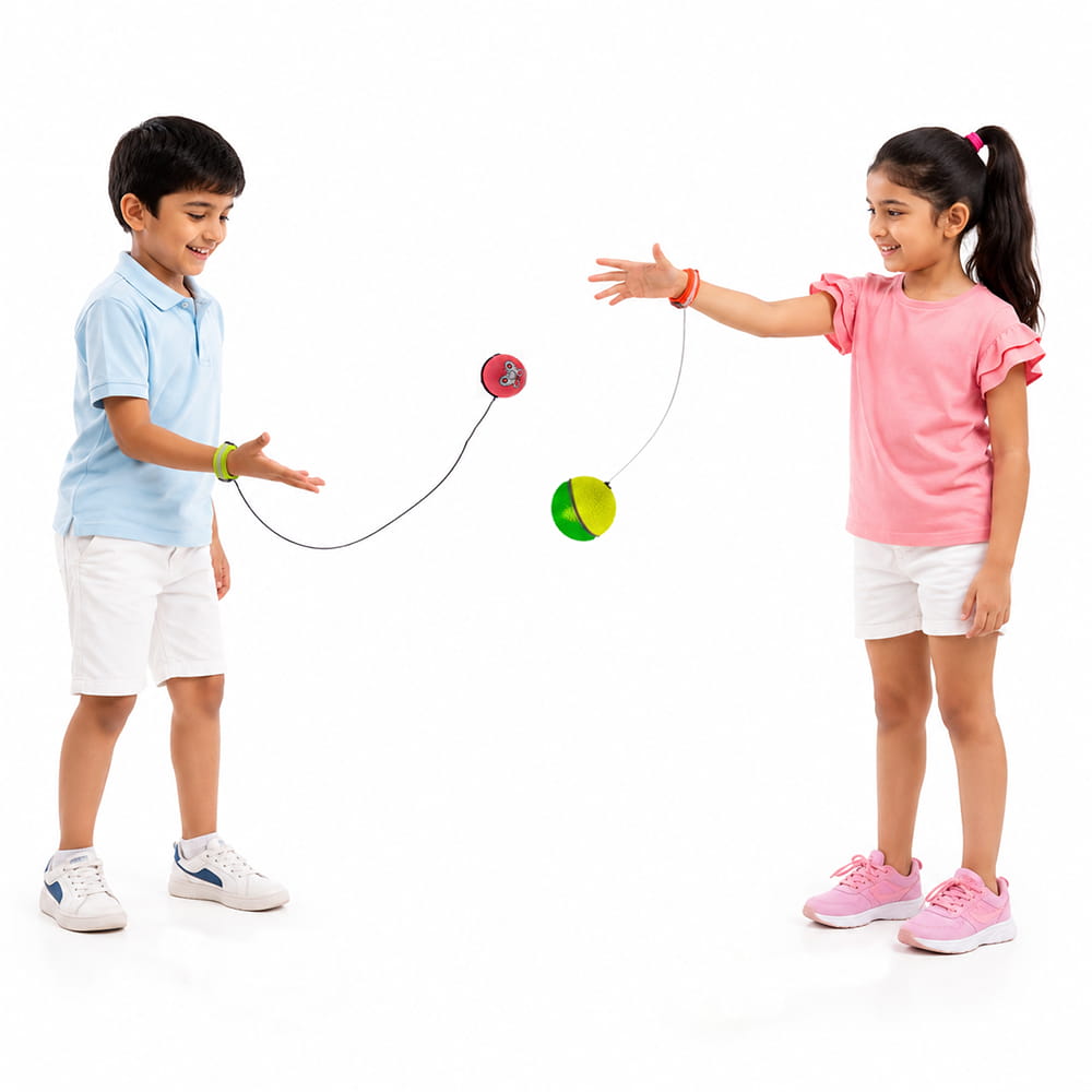 The Hello Friends Yo Yo Ball Combo Set includes 2 mini bouncing return balls in 2-inch and 2.5-inch sizes. With wrist bands and attached strings, kids can enjoy throwing, bouncing, catching, and spinning activities with two different ball sizes.