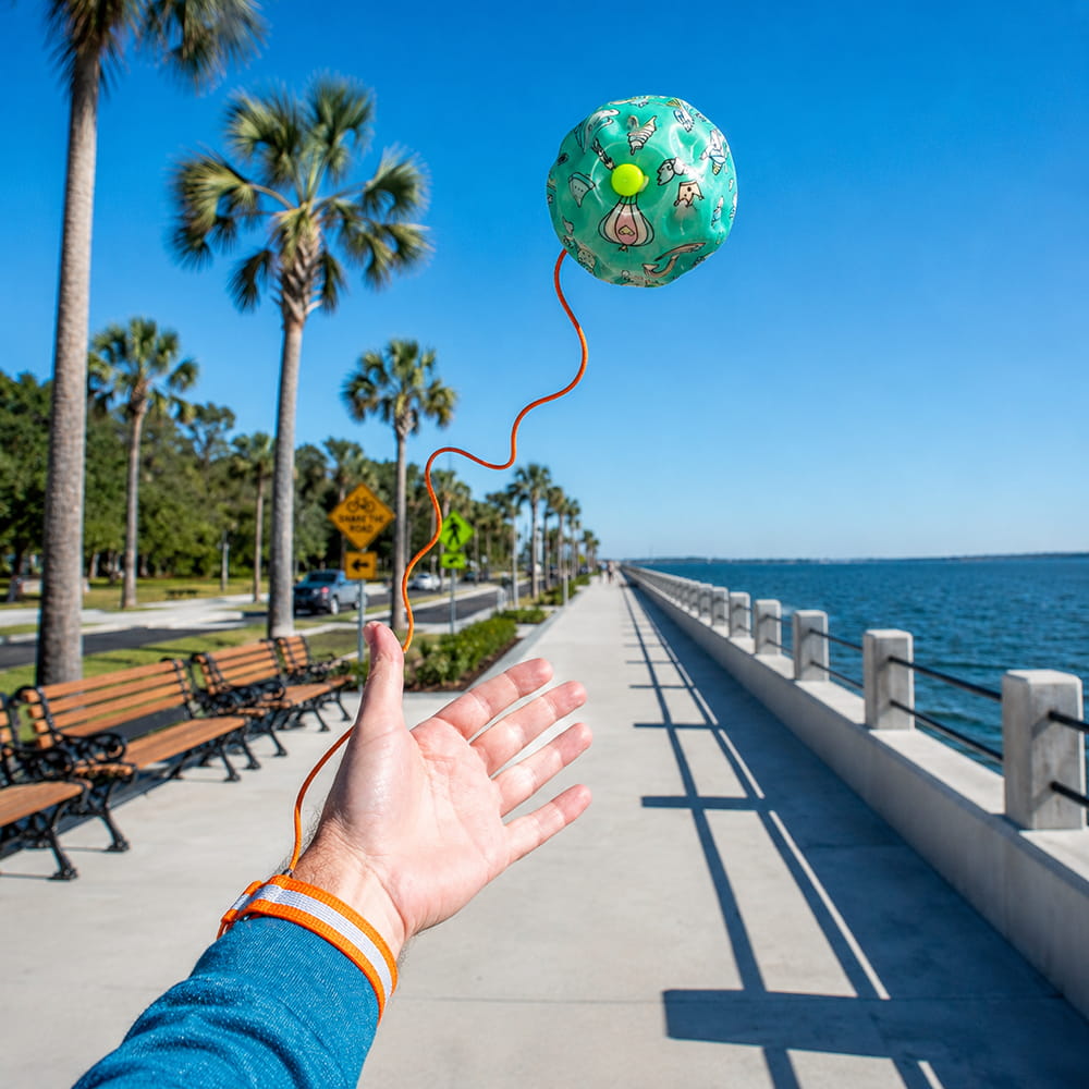 Hello Friends Yo Yo Boom Ball is a fun rebound toy with a wrist band and elastic string that lets kids bounce, catch, and return the ball repeatedly. It encourages active play while helping improve hand-eye coordination, focus, and reflexes.