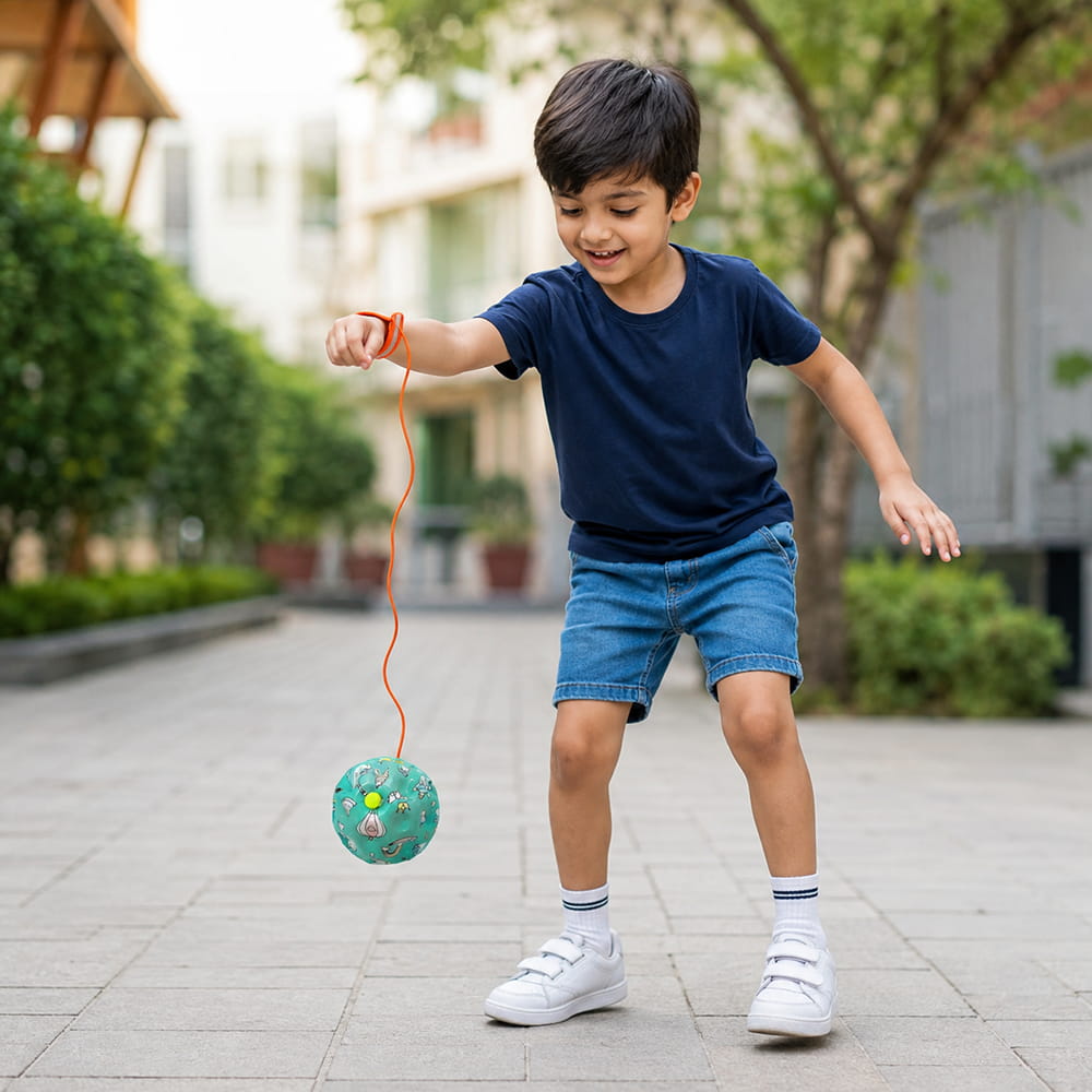 Hello Friends Yo Yo Boom Ball is a fun rebound toy with a wrist band and elastic string that lets kids bounce, catch, and return the ball repeatedly. It encourages active play while helping improve hand-eye coordination, focus, and reflexes.