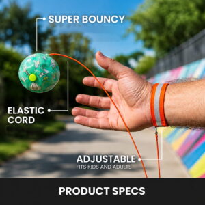 Hello Friends Yo Yo Boom Ball is a fun rebound toy with a wrist band and elastic string that lets kids bounce, catch, and return the ball repeatedly. It encourages active play while helping improve hand-eye coordination, focus, and reflexes.