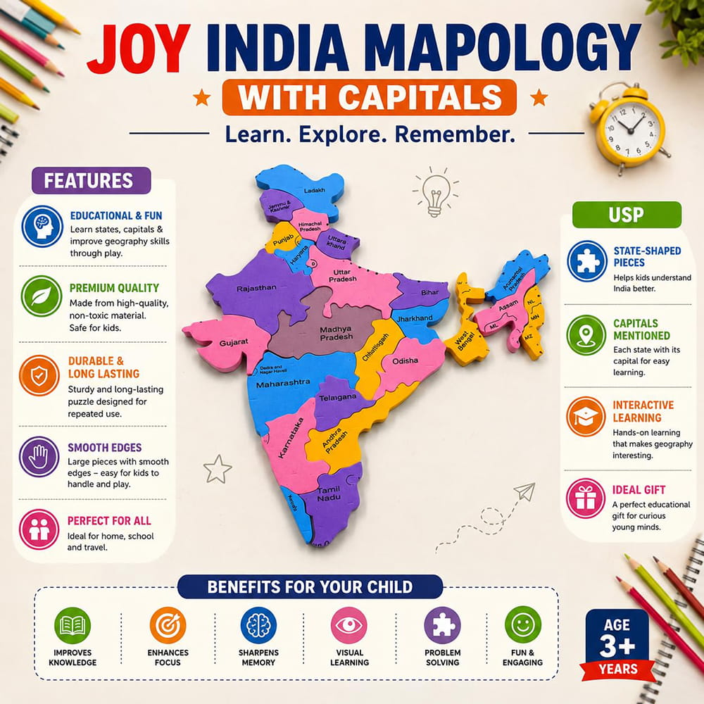 Play Eva India Map Puzzle is a hands-on educational activity that introduces children to the states and cities of India. Made from soft EVA foam with a raised 3D design, it offers an engaging way to explore geography while developing memory and coordination.