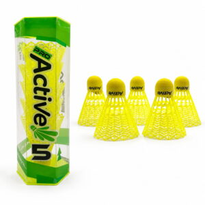 Volt Pro Active Badminton Shuttlecocks feature a durable plastic skirt and neon cork base for balanced handling and consistent flight. Suitable for regular practice, training, and outdoor badminton.
