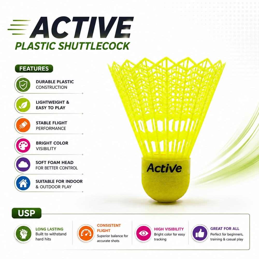 Volt Pro Active Badminton Shuttlecocks feature a durable plastic skirt and neon cork base for balanced handling and consistent flight. Suitable for regular practice, training, and outdoor badminton. Volt Pro Active Badminton Shuttlecocks feature a durable plastic skirt and neon cork base for balanced handling and consistent flight. Suitable for regular practice, training, and outdoor badminton.
