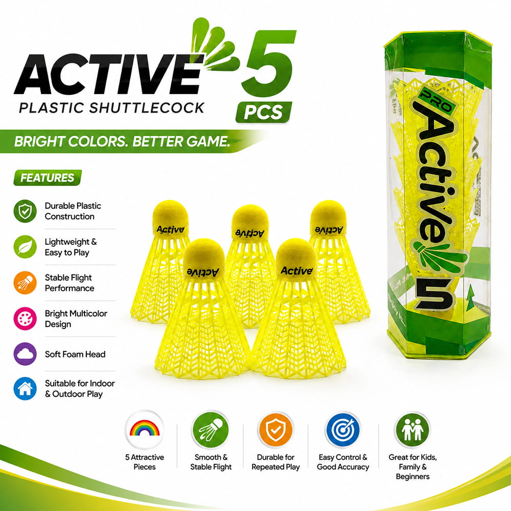 Volt Pro Active Badminton Shuttlecocks feature a durable plastic skirt and neon cork base for balanced handling and consistent flight. Suitable for regular practice, training, and outdoor badminton. Volt Pro Active Badminton Shuttlecocks feature a durable plastic skirt and neon cork base for balanced handling and consistent flight. Suitable for regular practice, training, and outdoor badminton.