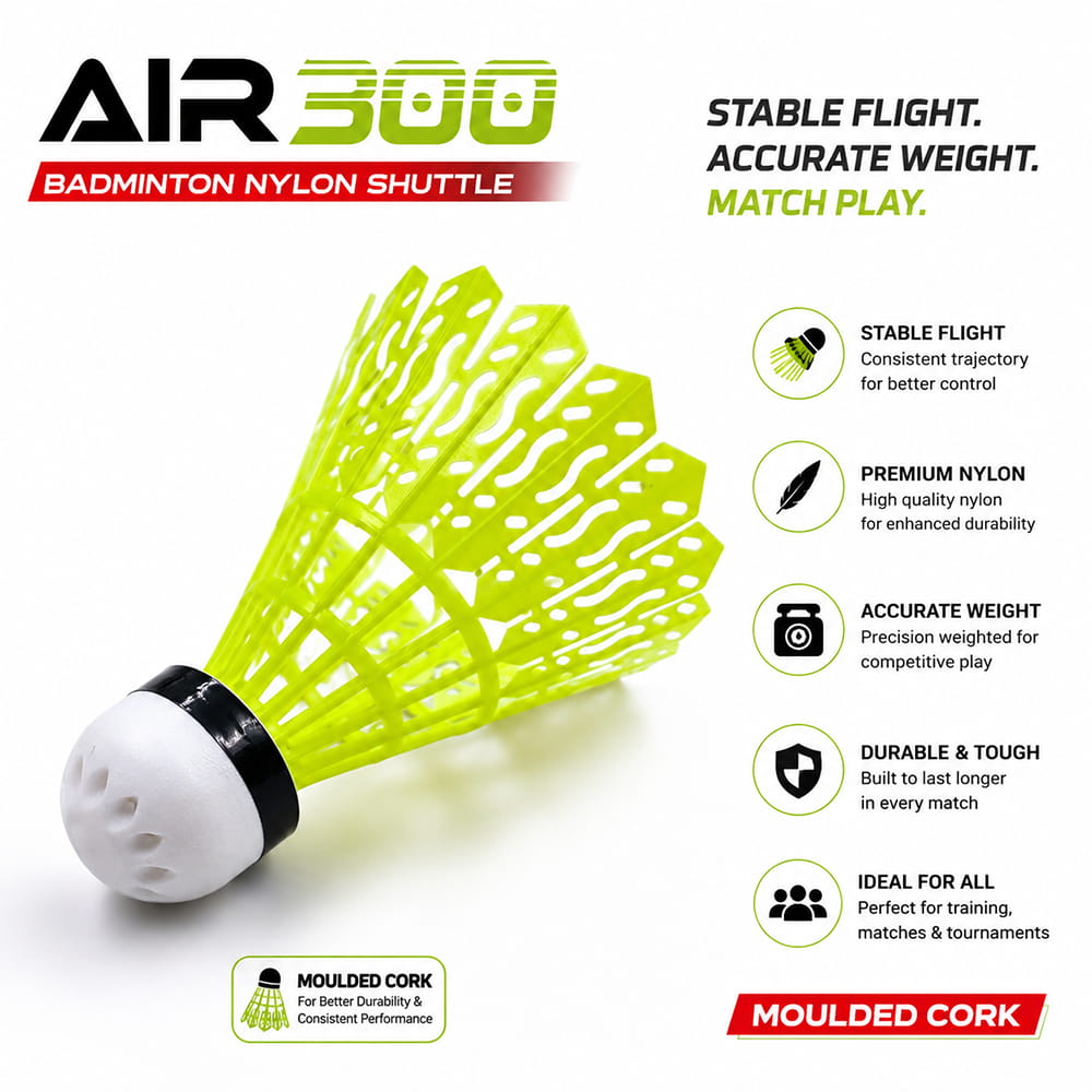 Volt Pro AIR300 Badminton Shuttlecocks are made with a durable nylon skirt and moulded base for stable flight and consistent handling. A practical choice for badminton practice, training, and recreational matches. Volt Pro AIR300 Badminton Shuttlecocks are made with a durable nylon skirt and moulded base for stable flight and consistent handling. A practical choice for badminton practice, training, and recreational matches.