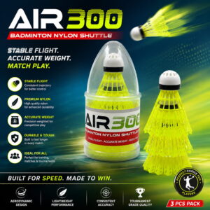 Volt Pro AIR300 Badminton Shuttlecocks are made with a durable nylon skirt and moulded base for stable flight and consistent handling. A practical choice for badminton practice, training, and recreational matches. Volt Pro AIR300 Badminton Shuttlecocks are made with a durable nylon skirt and moulded base for stable flight and consistent handling. A practical choice for badminton practice, training, and recreational matches.