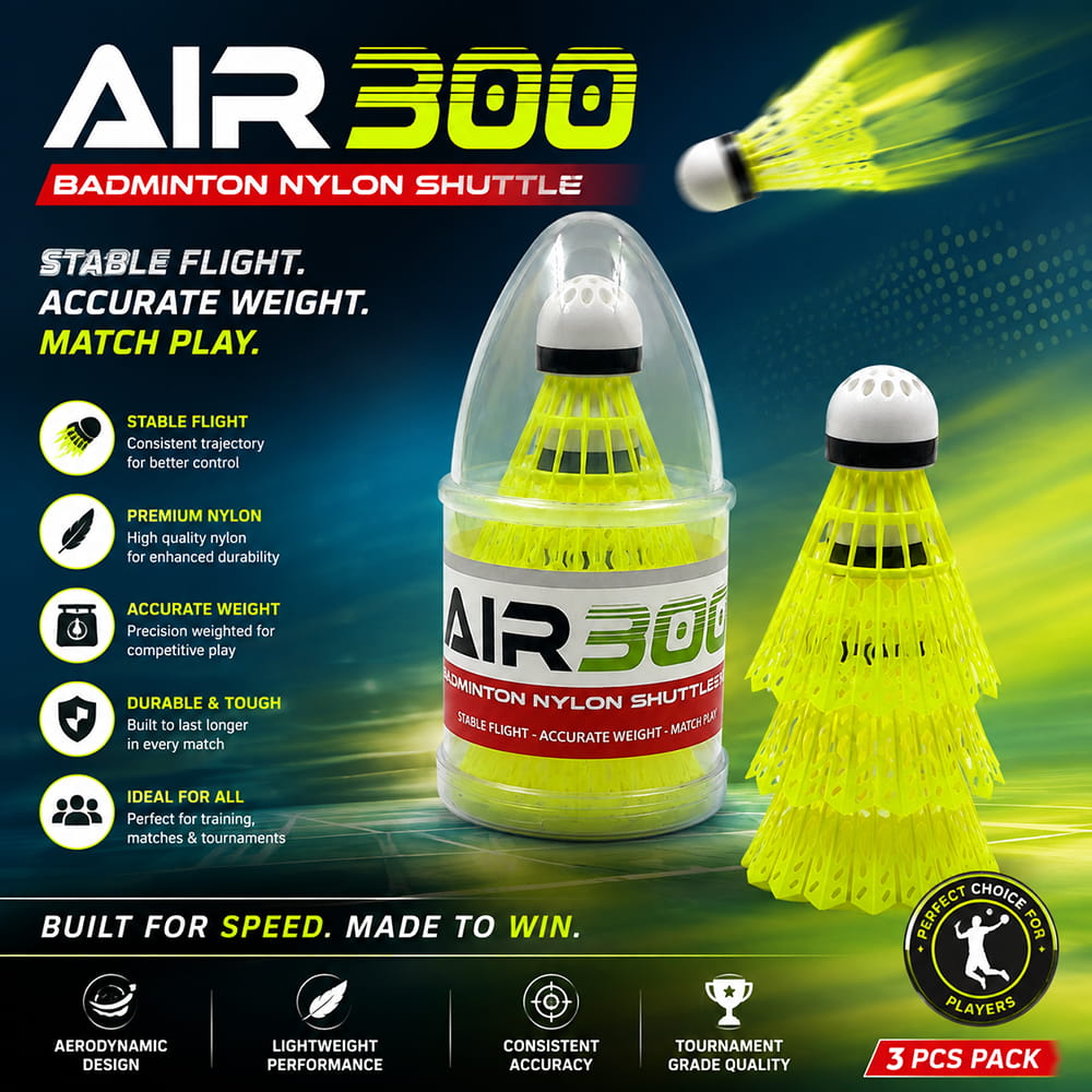 Volt Pro AIR300 Badminton Shuttlecocks are made with a durable nylon skirt and moulded base for stable flight and consistent handling. A practical choice for badminton practice, training, and recreational matches. Volt Pro AIR300 Badminton Shuttlecocks are made with a durable nylon skirt and moulded base for stable flight and consistent handling. A practical choice for badminton practice, training, and recreational matches.