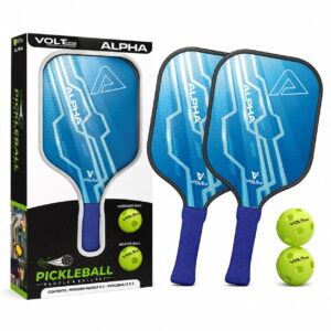 Volt Pro Alpha Pickleball Paddle Set includes 2 wooden paddles and 2 pickleballs, designed with anti-skid and anti-sweat features for comfortable handling. A beginner-friendly set for indoor and outdoor pickleball play.