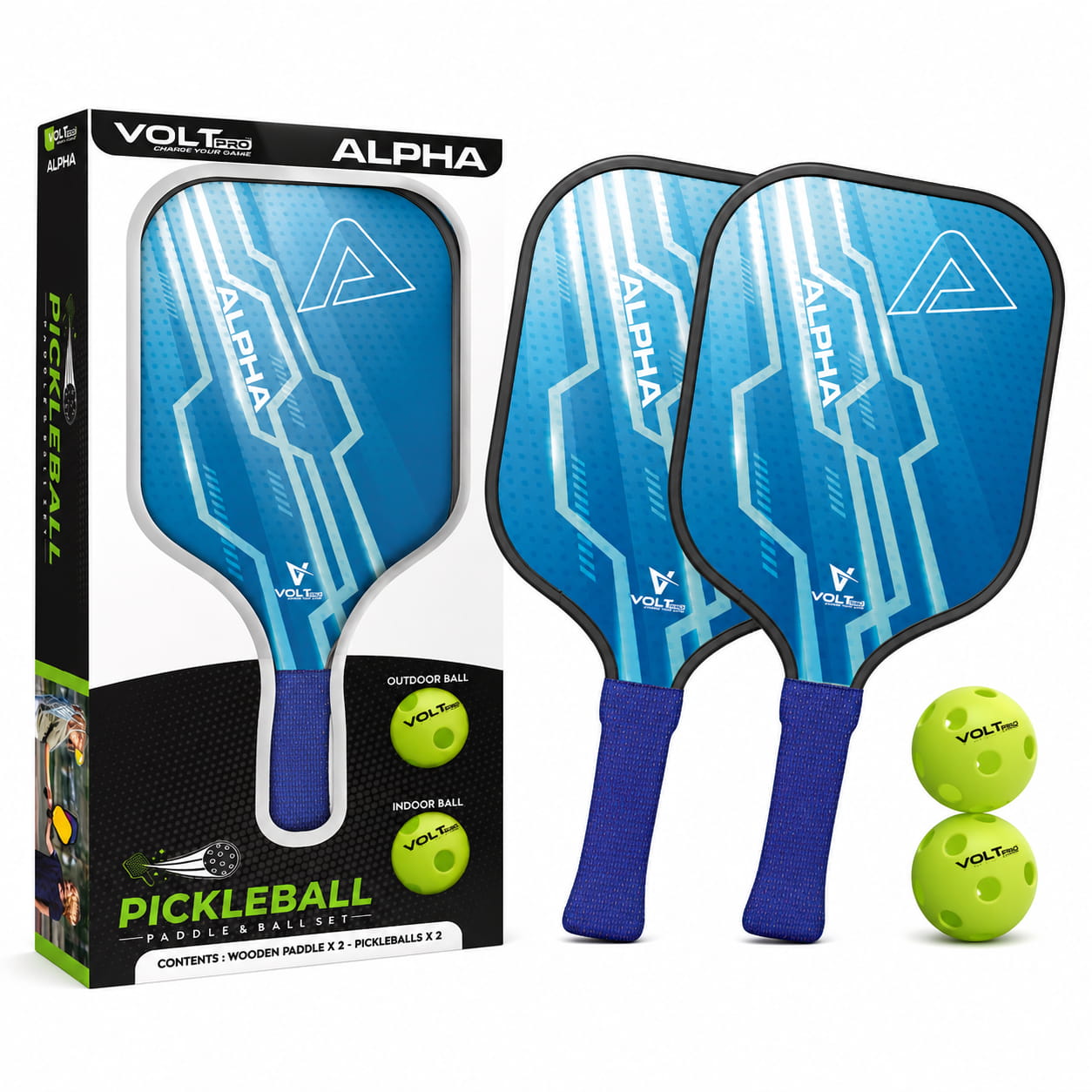 Volt Pro Alpha Pickleball Paddle Set includes 2 wooden paddles and 2 pickleballs, designed with anti-skid and anti-sweat features for comfortable handling. A beginner-friendly set for indoor and outdoor pickleball play.