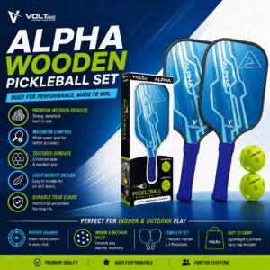 Volt Pro Alpha Pickleball Paddle Set includes 2 wooden paddles and 2 pickleballs, designed with anti-skid and anti-sweat features for comfortable handling. A beginner-friendly set for indoor and outdoor pickleball play.