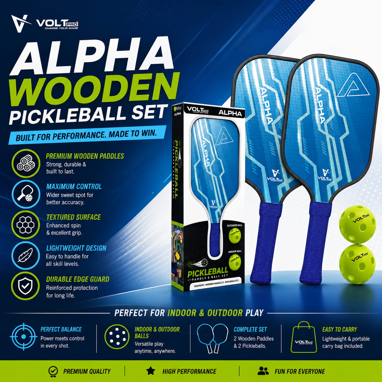 Volt Pro Alpha Pickleball Paddle Set includes 2 wooden paddles and 2 pickleballs, designed with anti-skid and anti-sweat features for comfortable handling. A beginner-friendly set for indoor and outdoor pickleball play.