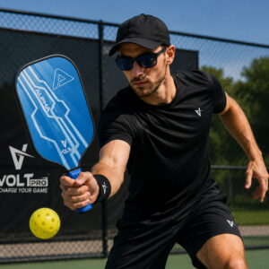 Volt Pro Alpha Pickleball Paddle Set includes 2 wooden paddles and 2 pickleballs, designed with anti-skid and anti-sweat features for comfortable handling. A beginner-friendly set for indoor and outdoor pickleball play.